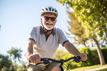Cheerful senior man having riding bicycle at park. AI generative - obrazy, fototapety, plakaty