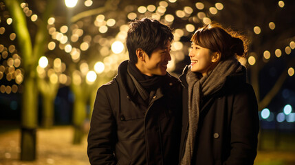 冬の夜のデート、日本人の男性と女性のカップル