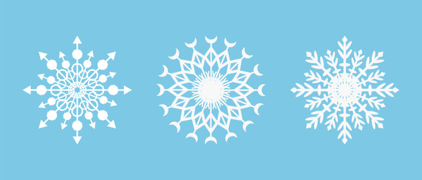 Collection of snowflakes icons. Snowflakes are white on a blue background. Winter symbol. Christmas logo. Vector illustration.