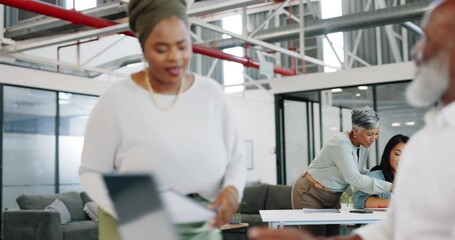 Business women, conversation and modern office for marketing strategy, planning and busy. Female employees, manager and worker in workplace, advertising campaign and startup company idea and talk