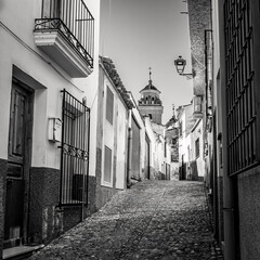 Picturesque white village at dusk in Andalusia, Velez Rubio, black and white photo.
