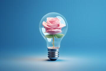 Eco friendly, renewable energy light bulb with a flower inside with space for text; blue background  - obrazy, fototapety, plakaty