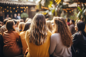 Two young girls friends watching concert at music festival, back view, stage and spectators at background - obrazy, fototapety, plakaty