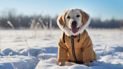 Labrador Retriever wearing down jacket sitting in the snowfield