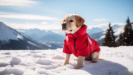 Labrador Retriever wearing down jacket sitting in the snowfield