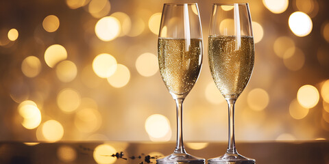 Two Glass of champagne against golden blur background