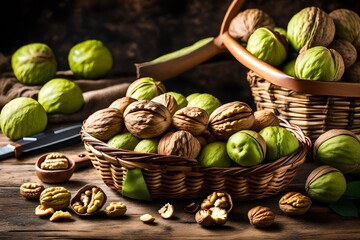green walnuts in a wicker basket