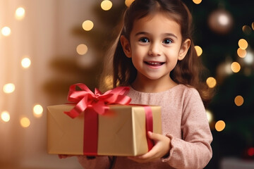 Fototapeta na wymiar Unwrapping Happiness: New Year's Gift Brings Child's Delight
