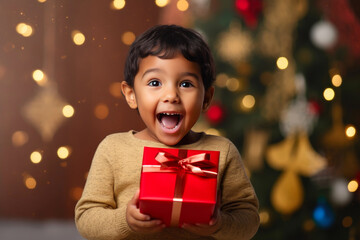 Fototapeta na wymiar Capturing Pure Happiness: Child's Reaction to a New Year's Gift