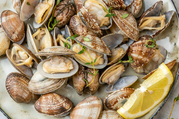 Vongole ready to eat close-up. Healthy shellfish.