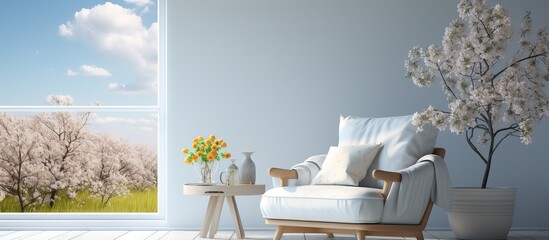 Scandinavian interior design white room armchair summer landscape in window