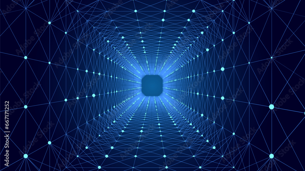 Poster vector cyber tunnel consisting of moving glowing points. futuristic infinite space background. conce