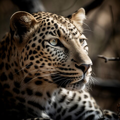 Obraz premium Portrait of a Leopard, in the style of graphite realism, fog, realistic, monochrome, ivory, dynamic pose
