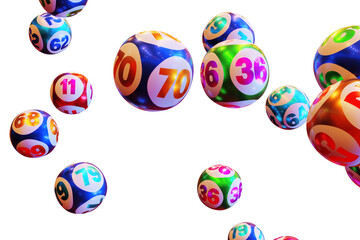 Lottery balls with a number in flight on a transparent background.3D rendering