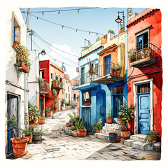 Watercolor art portrays Moroccan style homes surrounded by natures beauty in a serene landscape