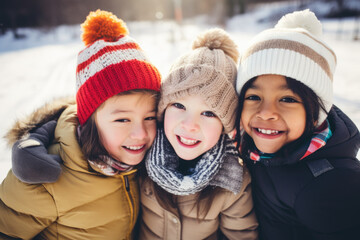 Fototapeta premium Group of diverse happy multi-ethnic children playing in snow and having fun outdoors in winter time