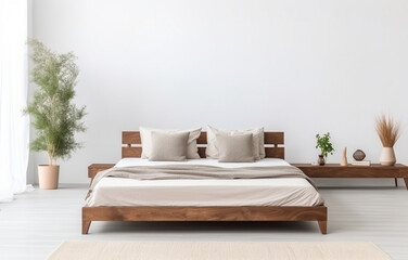 Wooden bed with soft white mattress and pillows in cozy white room interior. Generated AI