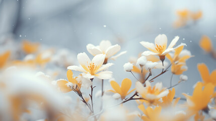 Background capturing the beauty of autumn snow with beautiful flowers. Yellow flowers in nature atmosphere macro.