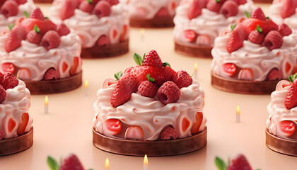 Seamless pattern of cakes with berries on top background 