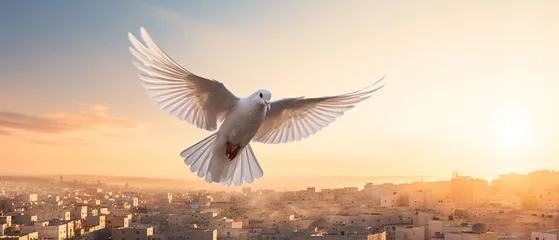 Fotobehang White dove with wings wide open in the blue sky air. Spirit of god background banner panorama. International Day of Peace concept. Generative ai © Mickael