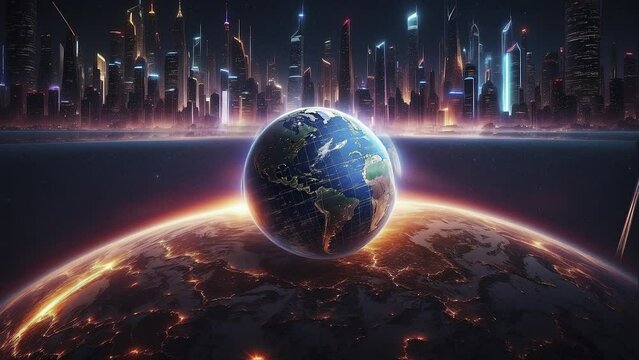 Earth seen from space, highlighting a futuristic city of skyscrapers and bright lights as a backdrop. Concept of global interconnection in the digital age and growing technological dependence.