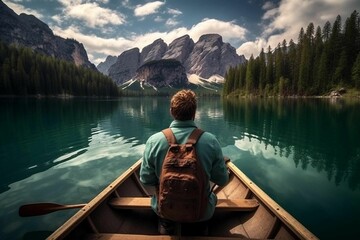 the person is rowing across the water in a boat with mountains on either side
