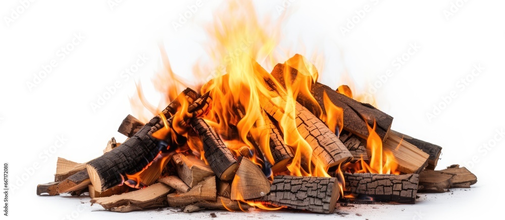 Wall mural closeup of burning firewood on white background