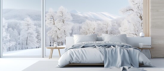 Scandinavian illustration of a stylish white bedroom with a winter landscape in the window