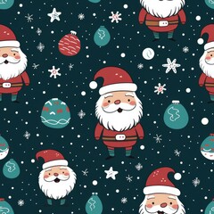 Obraz premium Seamless pattern with christmas tree, santa cros, gifts and snowflakes on green background.