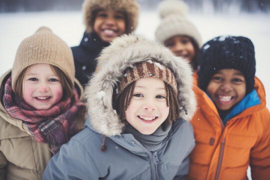 Group of diverse happy multi-ethnic children playing in snow and having fun outdoors in winter time