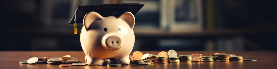 Piggy Bank with Black Graduation Hat with coins. Savings for investment in education and scholarship concept - obrazy, fototapety, plakaty