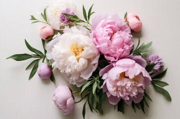 Bouquet of pink peonies flat lay Pink flowers.