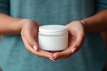 A woman's hand holds a jar of nourishing cream for soft, smooth skin, promoting beauty and health.