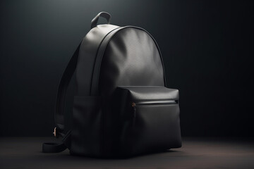 Black leather backpack on a dark background. 3d rendering mock up - obrazy, fototapety, plakaty