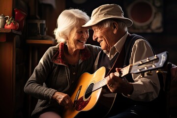 Obraz premium An elderly couple sits at home and enjoys a moment of love while the husband plays the guitar, sharing their bond.