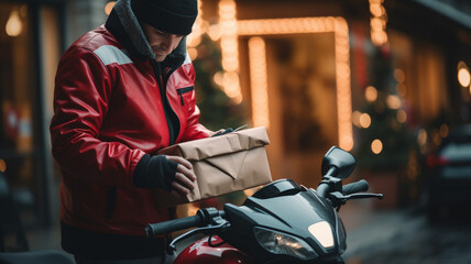 Delivery man in red uniform delivering parcel box to customer on scooter
generativa IA