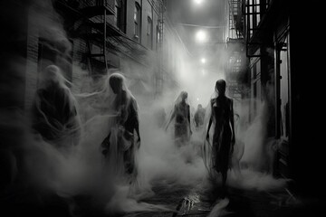 AI generated illustration of ghosts walking through a mysterious smoke-filled atmosphere - obrazy, fototapety, plakaty