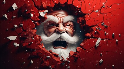 Furious Santa Claus Amidst looking from Broken Red Wall - Festive Holiday Fury,Red background wall crack