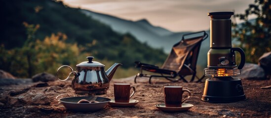 Camping trip with coffee set manual equipment bonfire and hiking in nature near mountains - obrazy, fototapety, plakaty