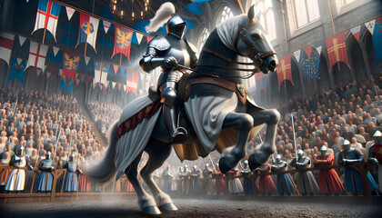 Glorious Medieval Tournament: A Knight in Shining Armor Charging on His Steed Amidst A Captivated Audience in a Grand Castle Hal - obrazy, fototapety, plakaty