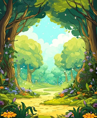 Cartoon background of summer season in the forest.