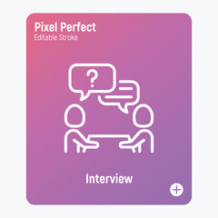 Interview thin line icon. Employment, hr, meeting, one person answers the questions. Editable stroke. Vector illustration.