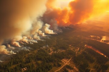 Bird's-eye view of a huge forest fire in Canada 2023. Smoke, burning trees, and ecological disaster. High-res 6K image. Generative AI