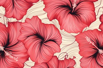 Pattern of hibiscus flowers intertwined with lines. Generative AI