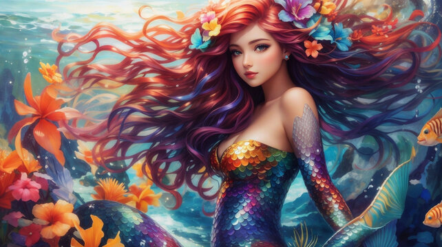 Beautiful mermaid on the shore of the tropical sea, bright colors.