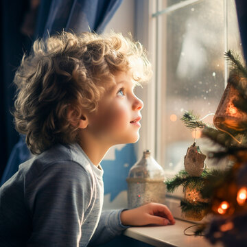 Christmas theme. Curious little boy looking into a window. Christmas decorations on the window, soft, cinematic light. AI generated square image