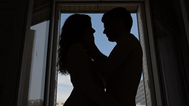 Young passionate couple (silhouette of two lovers in the dark) have intense sex in the bedroom. Tender lover kissing and touching the skin of a sexy sensual nude lady, making love. Foreplay concept.