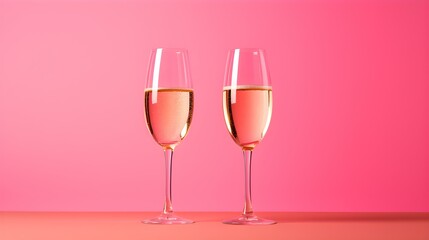 Two isolated Champagne Glasses in front of an hot pink Background. Festive Template for Holidays and Celebrations