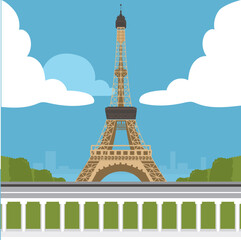 Vector illustration background with Eiffel Tower in Paris. World famous France tourist attraction symbol. International landmarks design postcard or travel poster