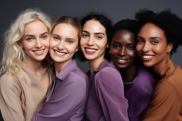 A lively gathering of young women is portrayed in a cheerful and vibrant photograph, emanating joy with a warm purple and brown tone.
